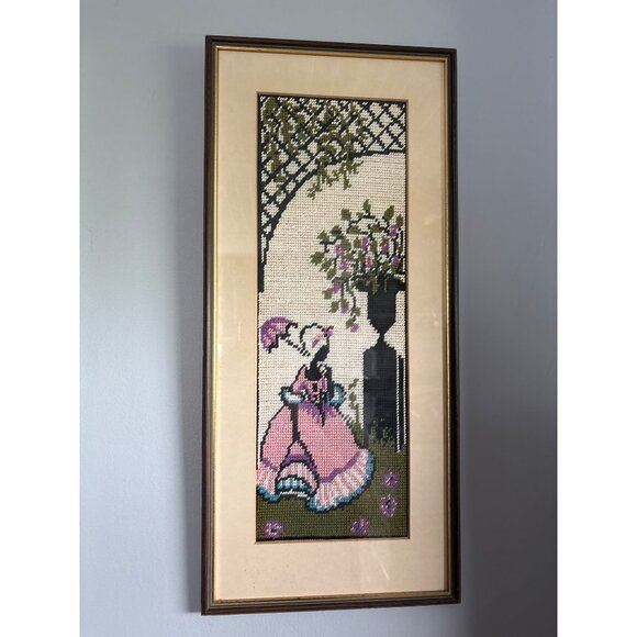 Vintage Framed Needlepoint Art of Victorian Lady 9.5" x 20" 1950s - Picture 4 of 10